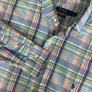 Ralph Lauren Stretch Shirt Men L Tall Blue Madras Plaid Button Down Long Sleeve